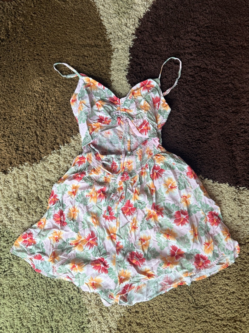 Hollister Floral Spaghetti-Strap Romper in White with Red & Orange Hibiscus